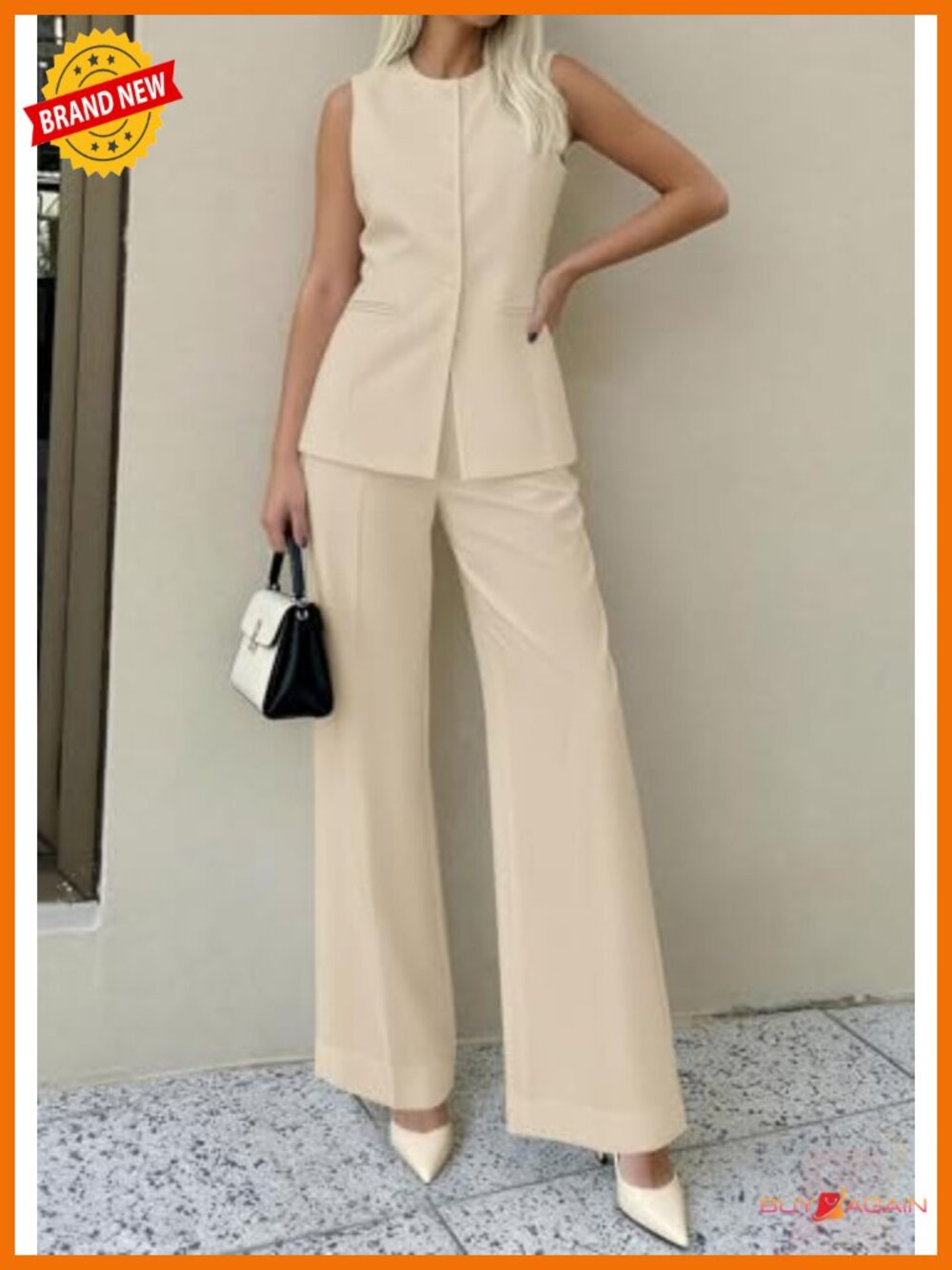 Women's 2 Piece Suit Set Sleeveless Blazer Vest & Wide Leg Pants Business - Picture 4 of 6